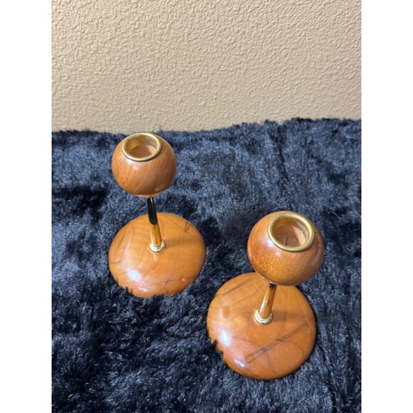 Myrtle Wood & Brass Candlestick Holders Set Of 2 Stands 6.5" Tall MCM Style - Picture 4 of 7